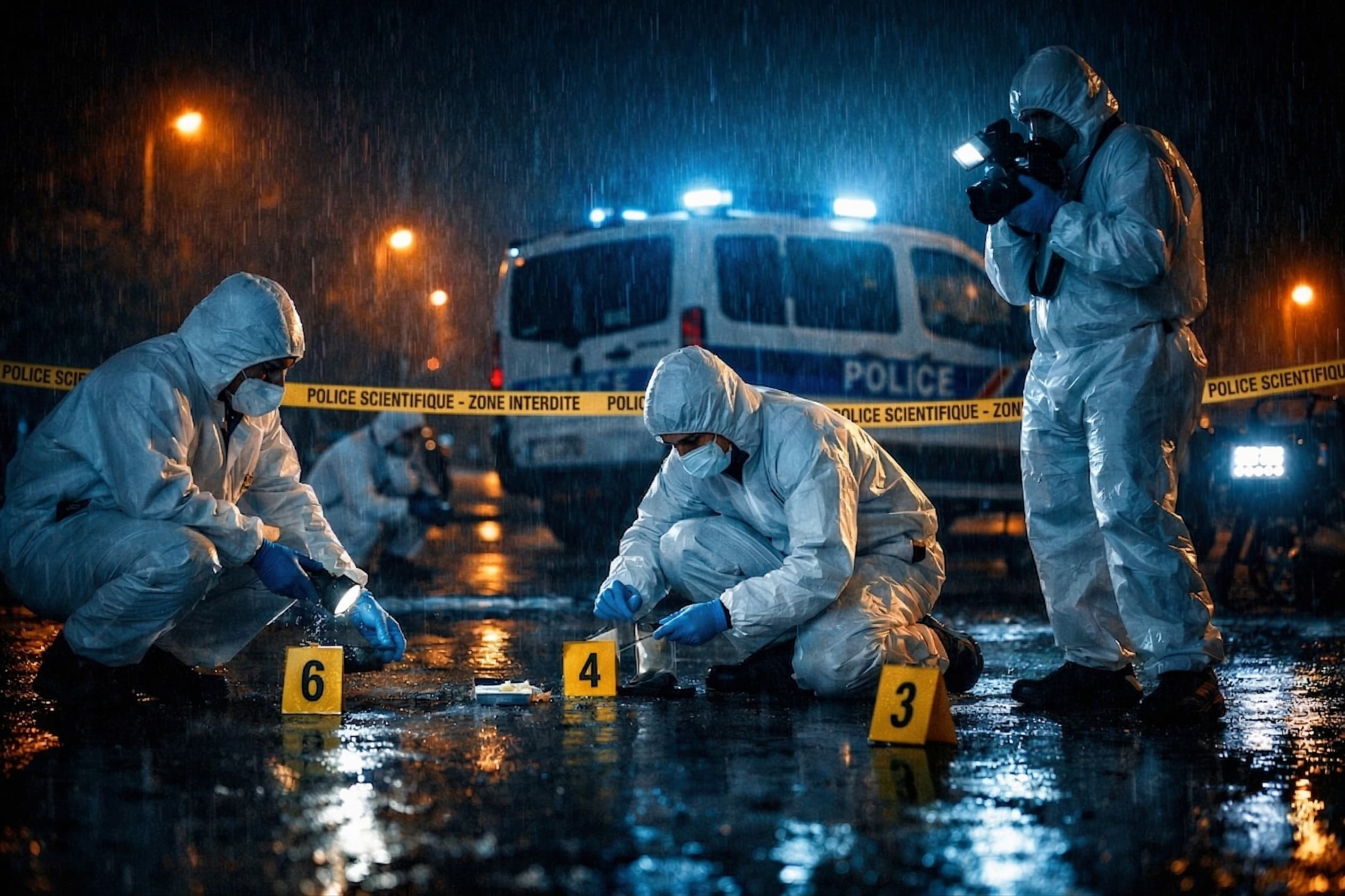 Scène de crime avec policiers scientifiques en combinaison blanche